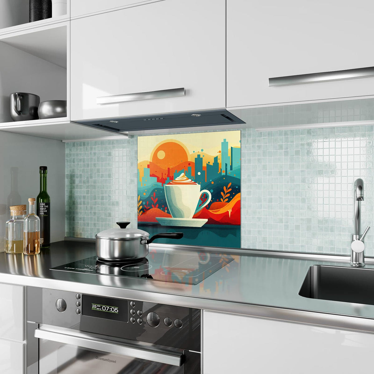 Küchenrückwand aus Glas Kaffee mit Stadtblick im quadratischen Format als Spritzschutz hinter dem Kochfeld, über dem Fliesenspiegel montiert