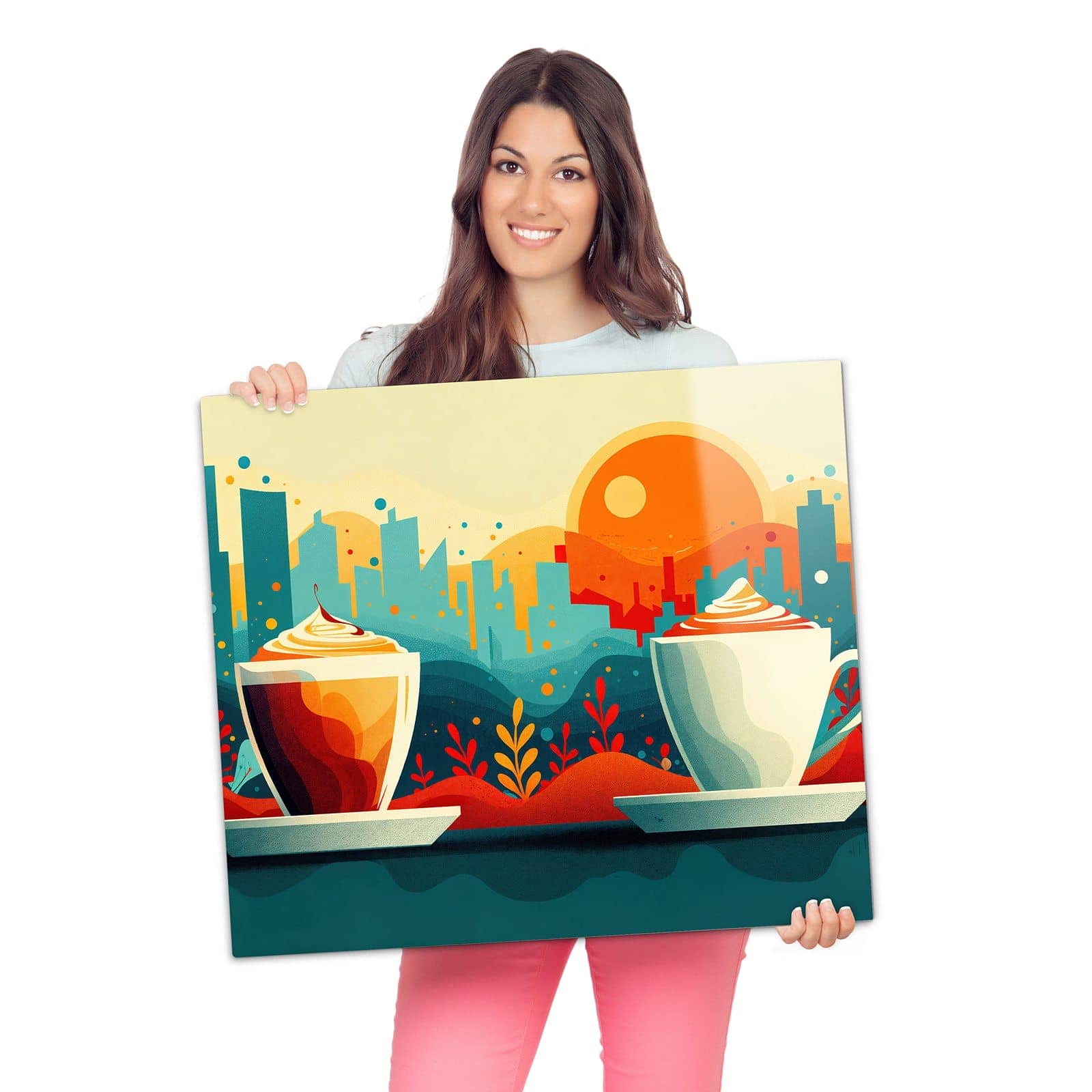 Herdabdeckplatten aus Glas mit Kaffee Am Abend-Motiv wird zur Größendarstellung gehalten