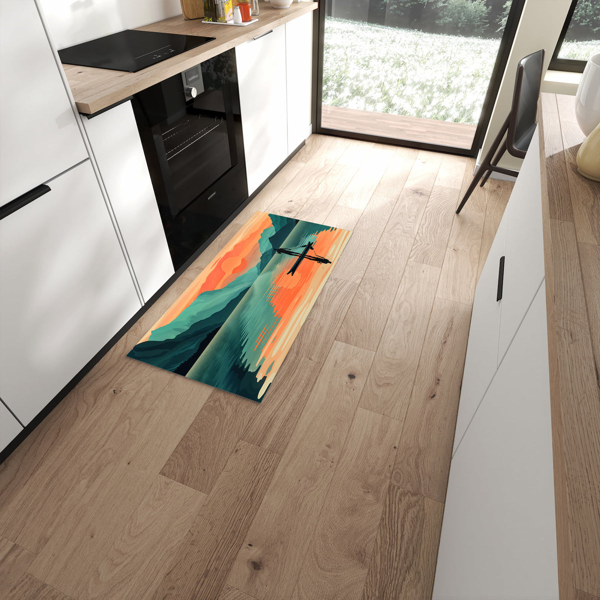 Pflegeleichter großer Küchenteppich mit Motiv Sonnenuntergang Paddler in moderner Küche #grösse_60 x 120 cm