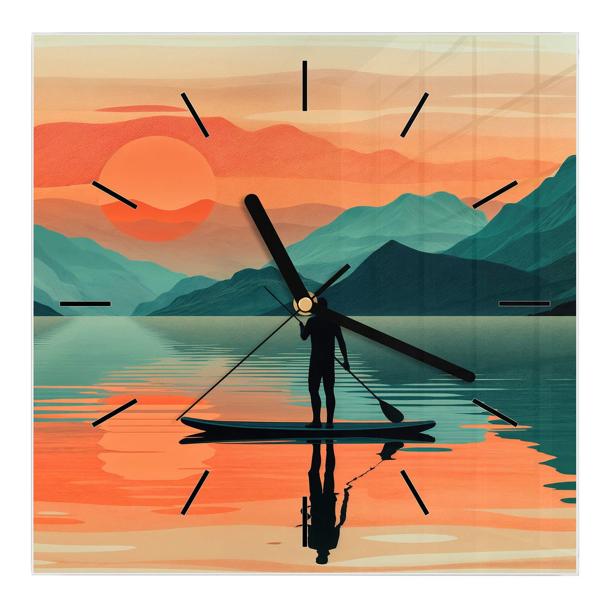 Wanduhr aus Glas, Ziffernblatt Linie mit Motiv Paddler im Abendrot: Illustration: Stand-up-Paddler als Silhouette auf spiegelndem See, orange Sonne, Bergketten