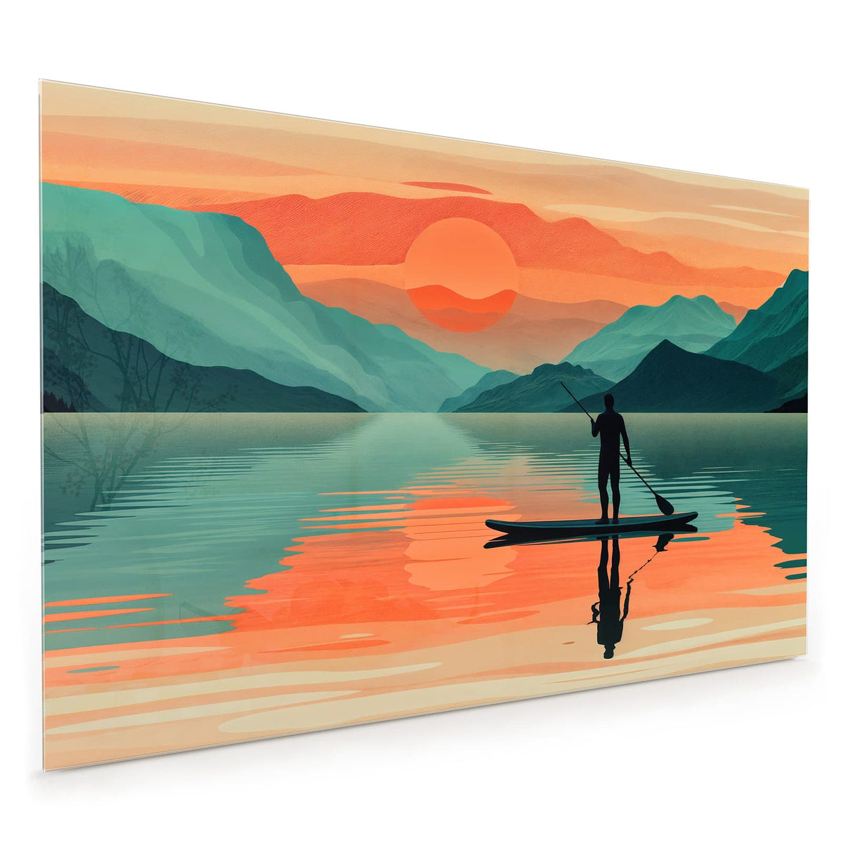 Küchenrückwand aus Glas im Hochformat mit Motiv Paddler im Abendrot: Illustration: Stand-up-Paddler als Silhouette auf spiegelndem See, orange Sonne, Bergketten