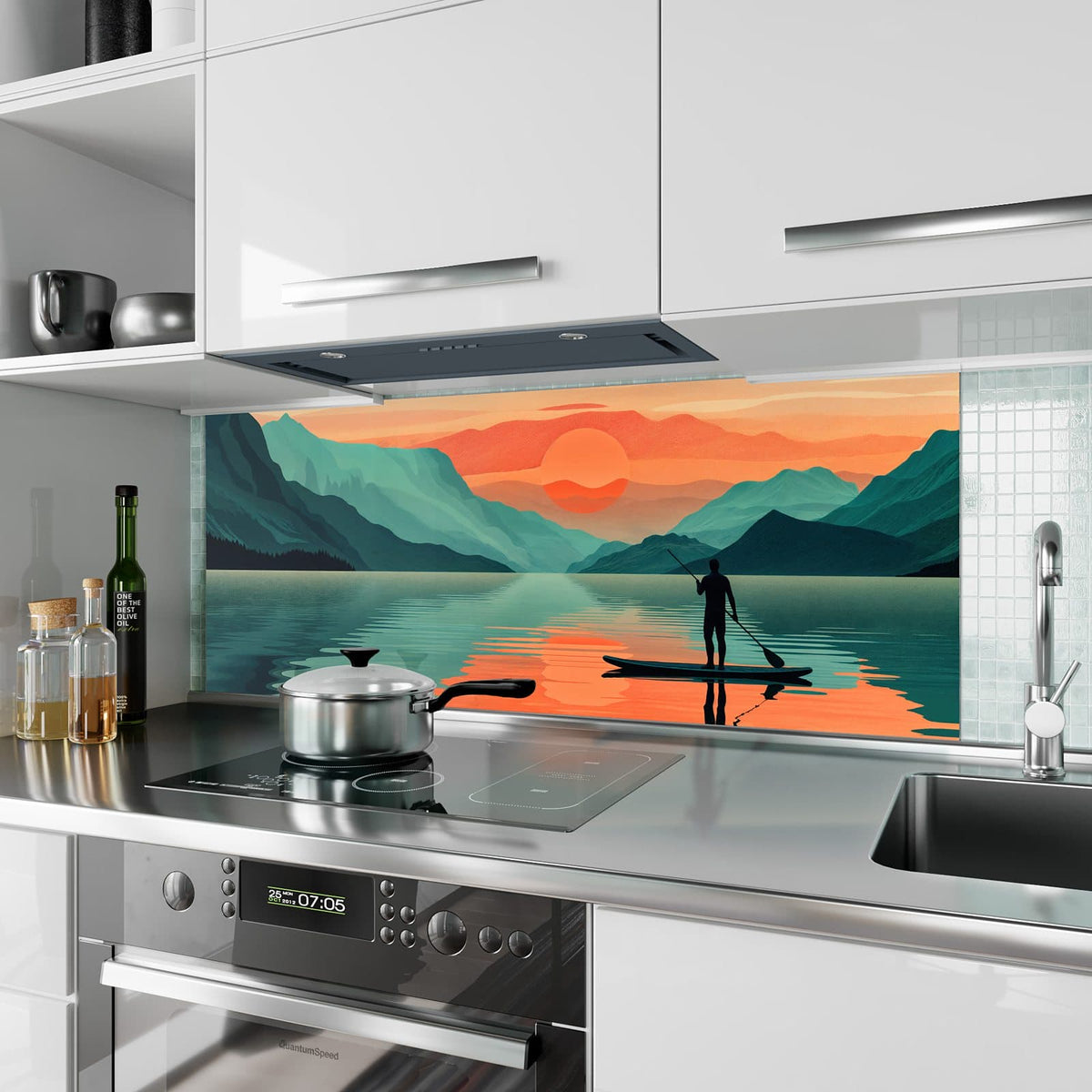 Küchenrückwand aus Glas Paddler im Abendrot im Hochformat als Spritzschutz hinter dem Kochfeld, über dem Fliesenspiegel montiert