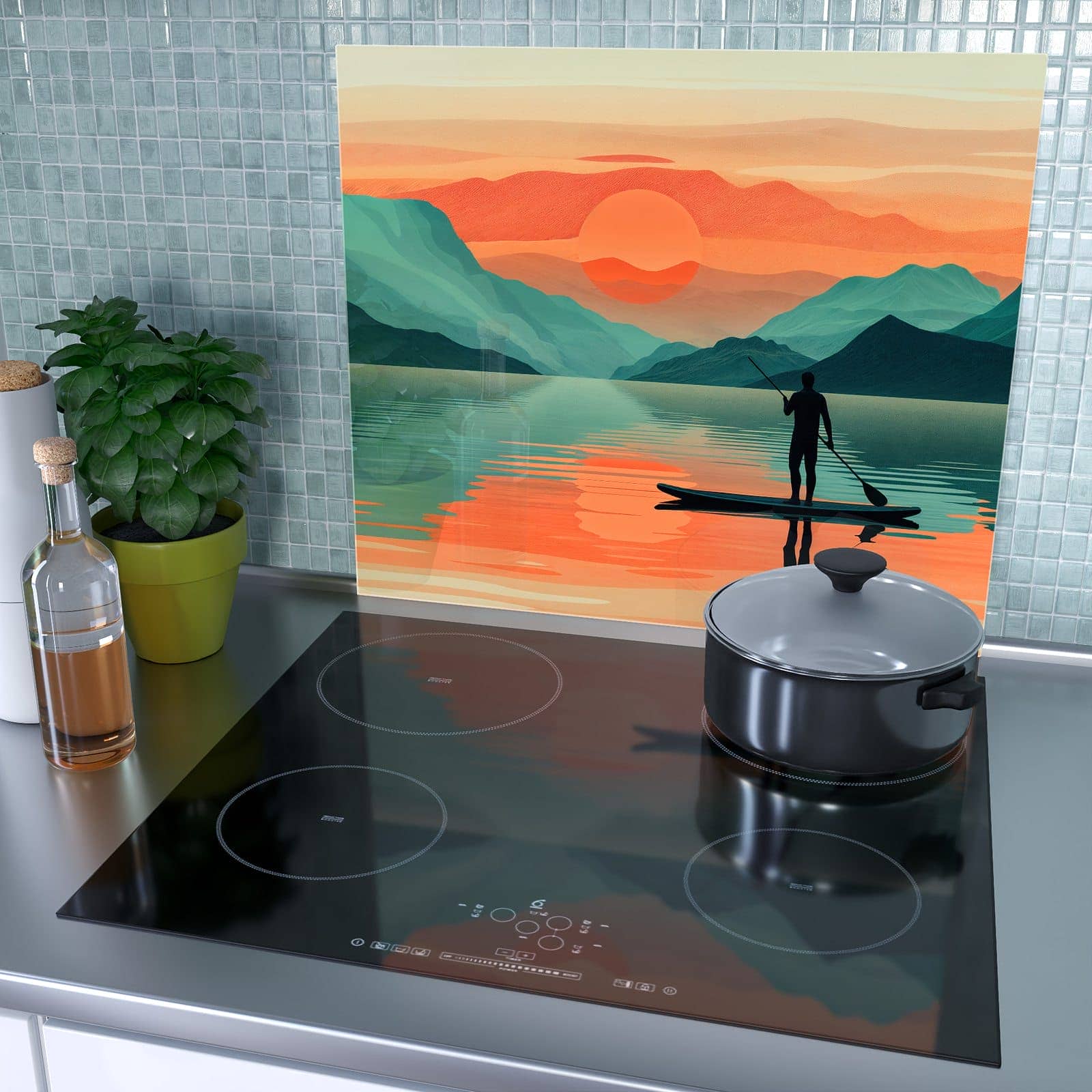 1-teilige Glasplatte für Herd mit Sonnenuntergang Paddler-Motiv als Spritzschutz hinter dem Kochfeld