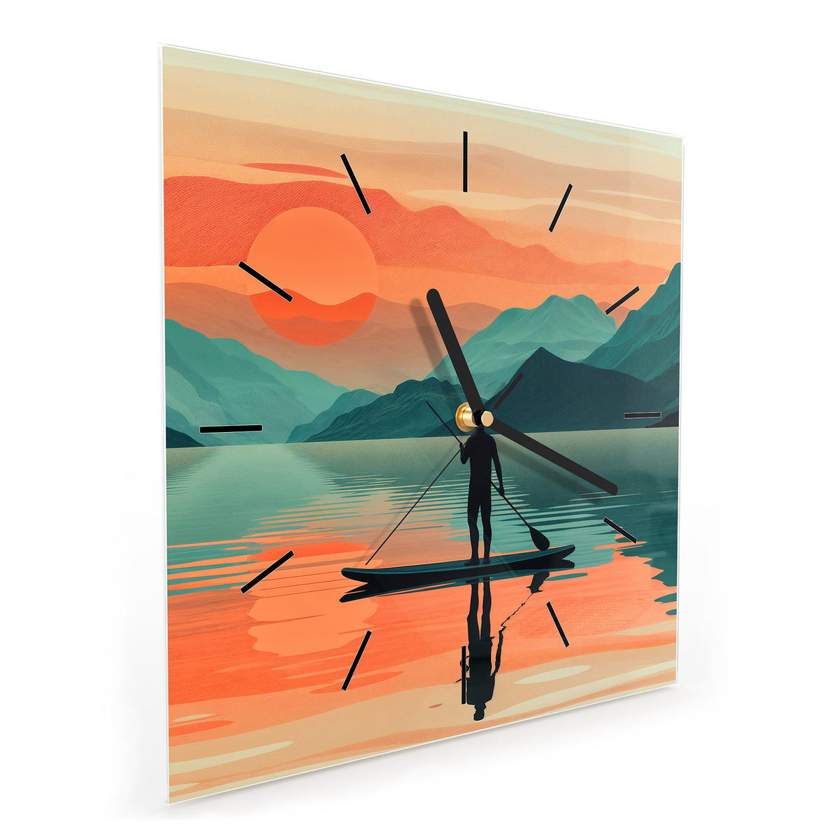 Quadratische Wanduhr aus Glas Paddler im Abendrot schräg von der Seite, 4 mm starkes Glas