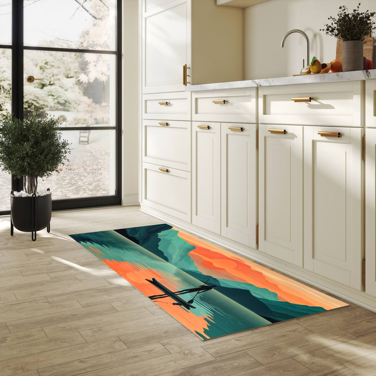 Rutschfester Küchenteppich mit Motiv Sonnenuntergang Paddler in heller Küche