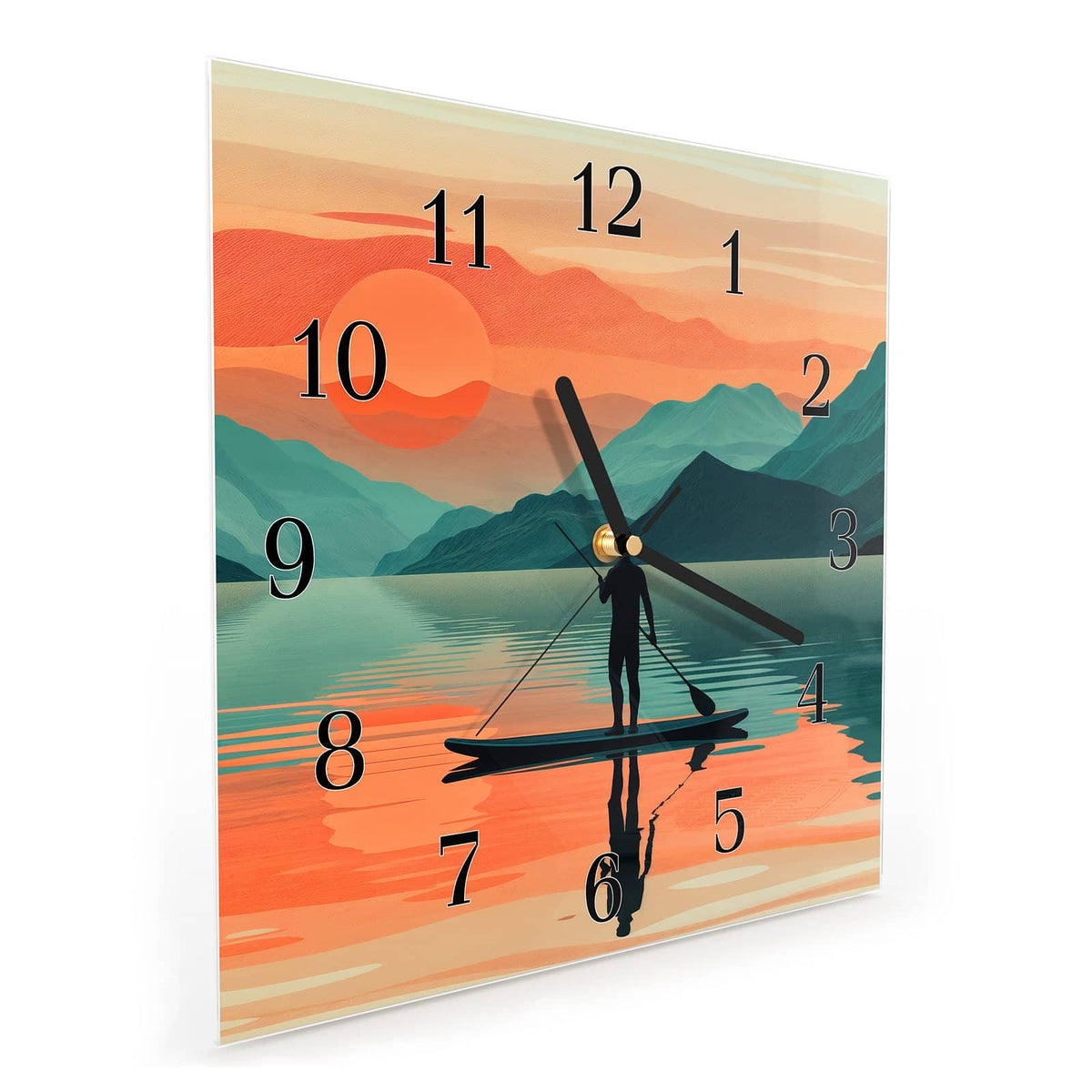 Quadratische Wanduhr aus Glas Paddler im Abendrot schräg von der Seite, 4 mm starkes Glas