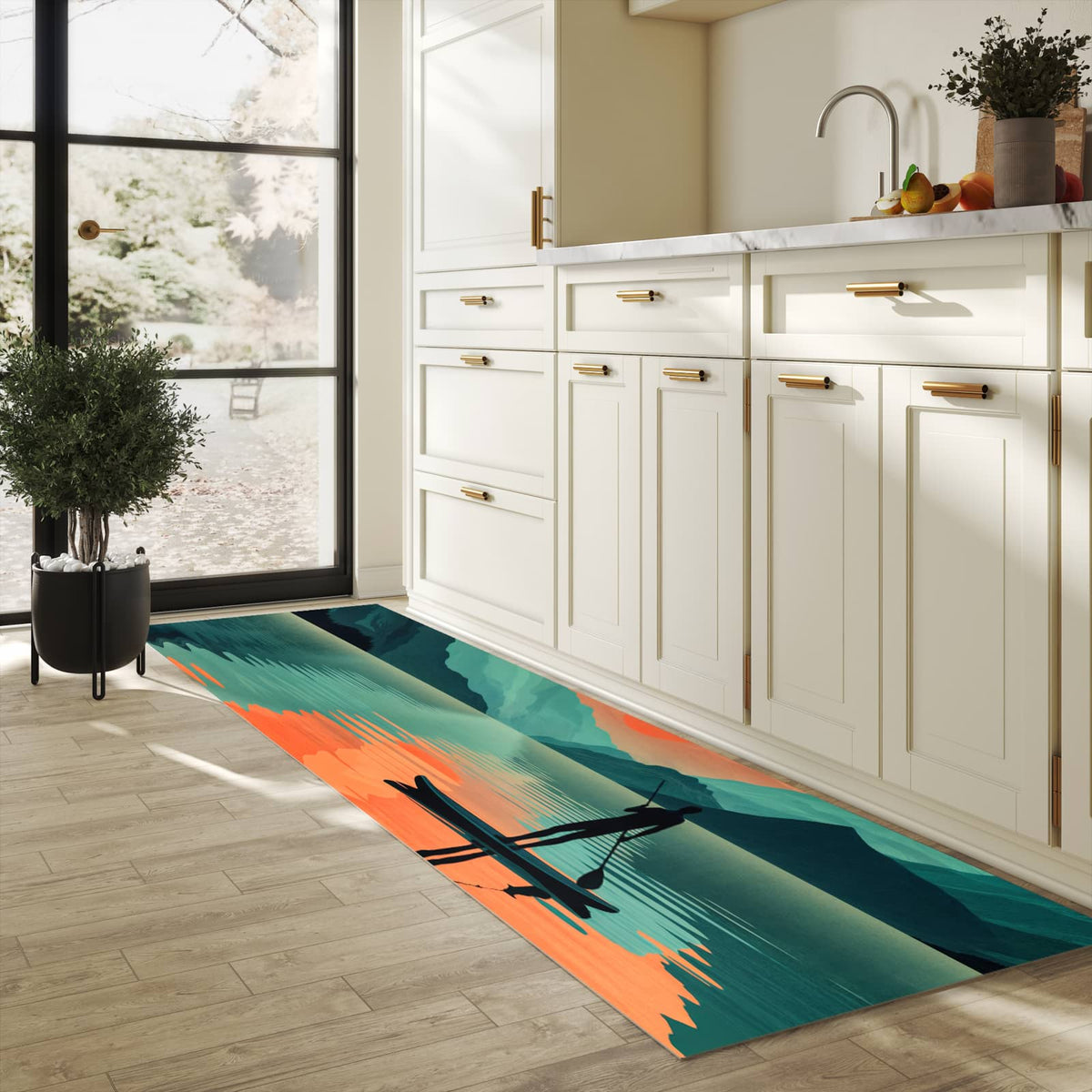 Küchenteppich mit Motiv Sonnenuntergang Paddler für Ordnung in heller Küche
