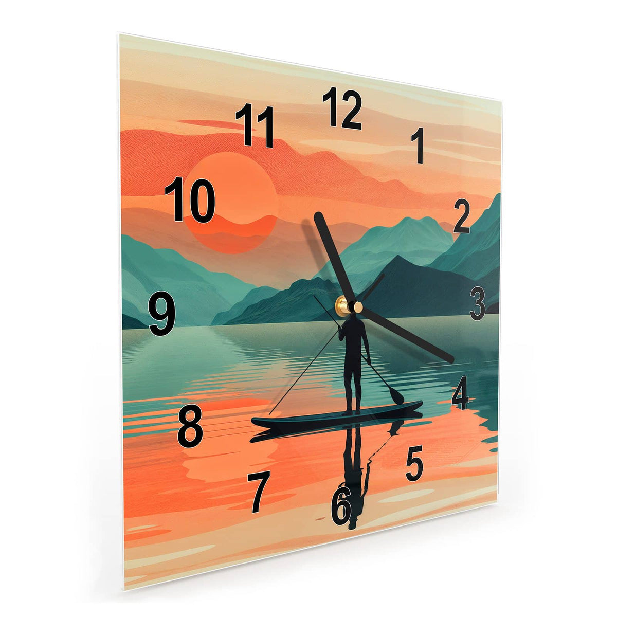 Quadratische Wanduhr aus Glas Paddler im Abendrot schräg von der Seite, 4 mm starkes Glas