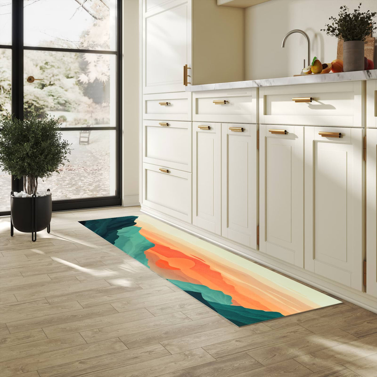 Hygienischer moderner Küchenläufer mit Motiv Sonnenuntergang Paddler in heller Küche