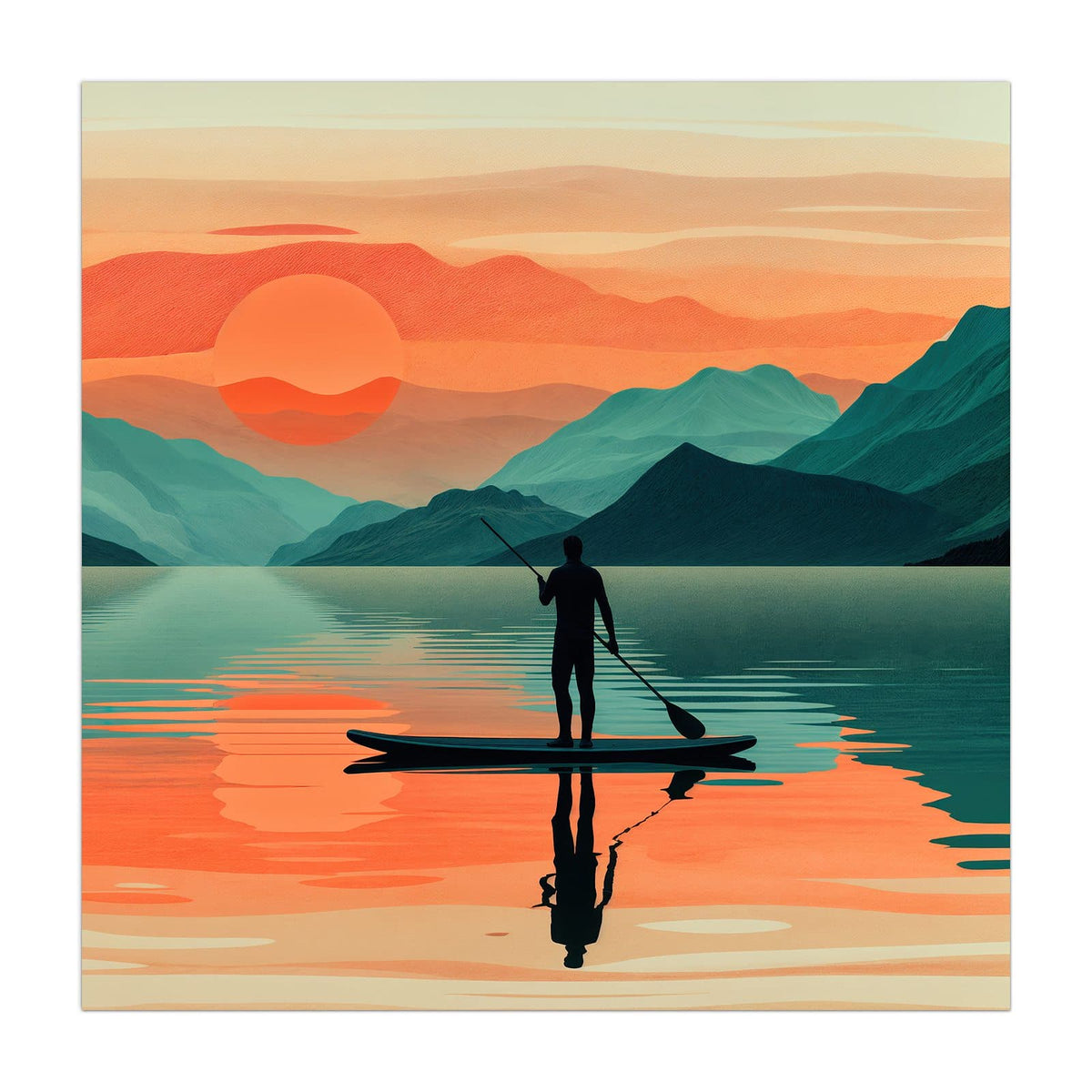 Küchenrückwand aus Glas Paddler im Abendrot im quadratischen Format, Motiv bildfüllend von vorn