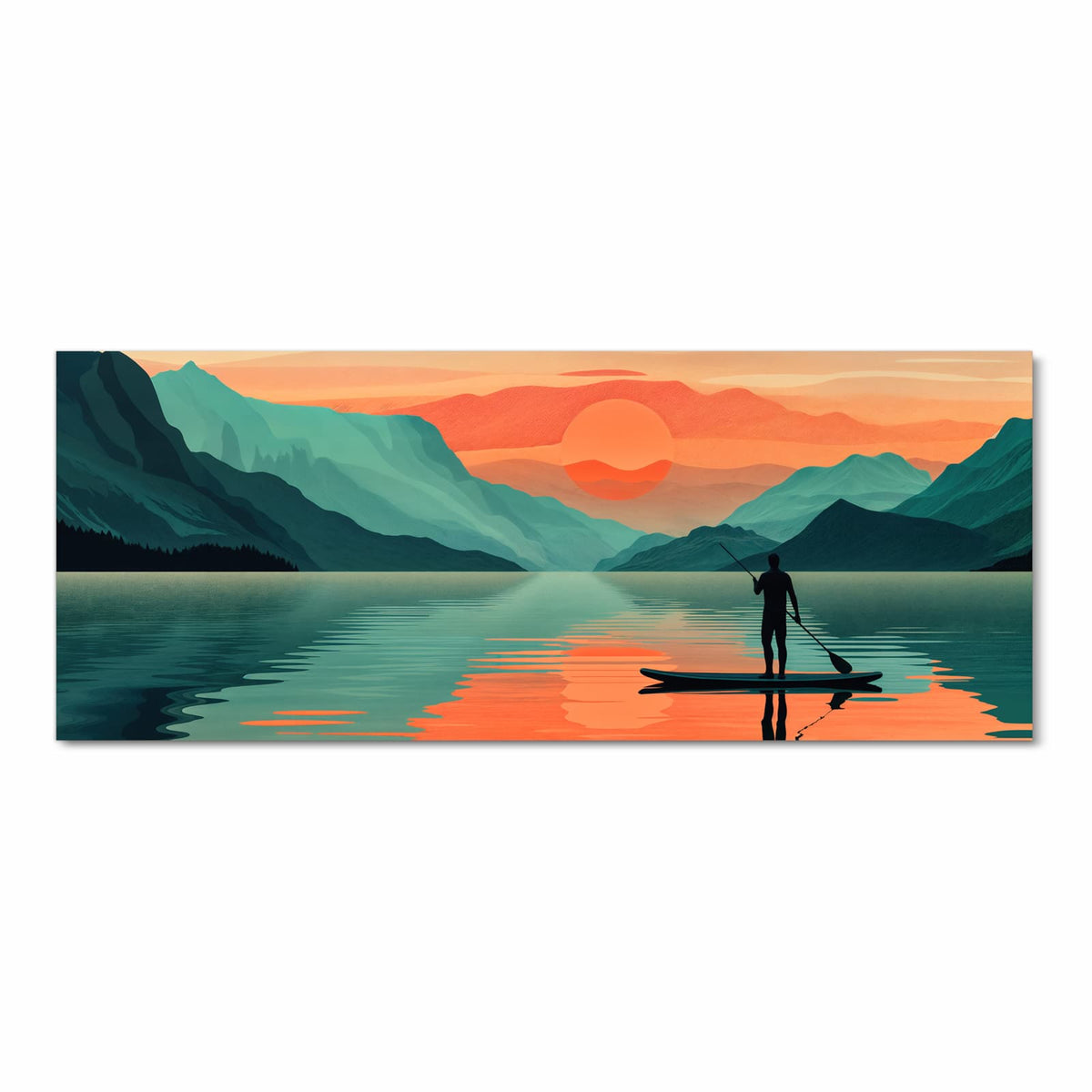 Rutschfester langer Teppich für Flur mit Motiv Sonnenuntergang Paddler in Frontansicht