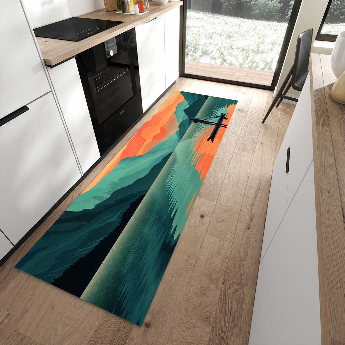 Bodenschonender rutschfester Küchenläufer mit Motiv Sonnenuntergang Paddler in moderner Küche