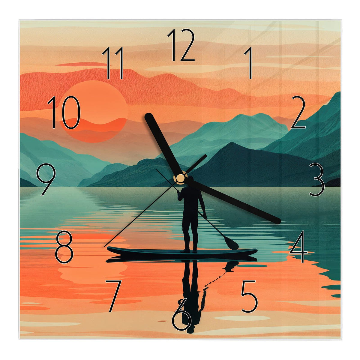 Wanduhr aus Glas, Ziffernblatt Klassisch mit Motiv Paddler im Abendrot: Illustration: Stand-up-Paddler als Silhouette auf spiegelndem See, orange Sonne