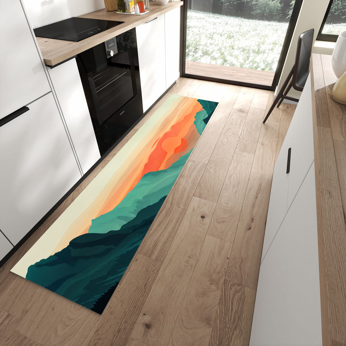 Strapazierfähiger Küchenläufer mit Motiv Sonnenuntergang Paddler in moderner Küche