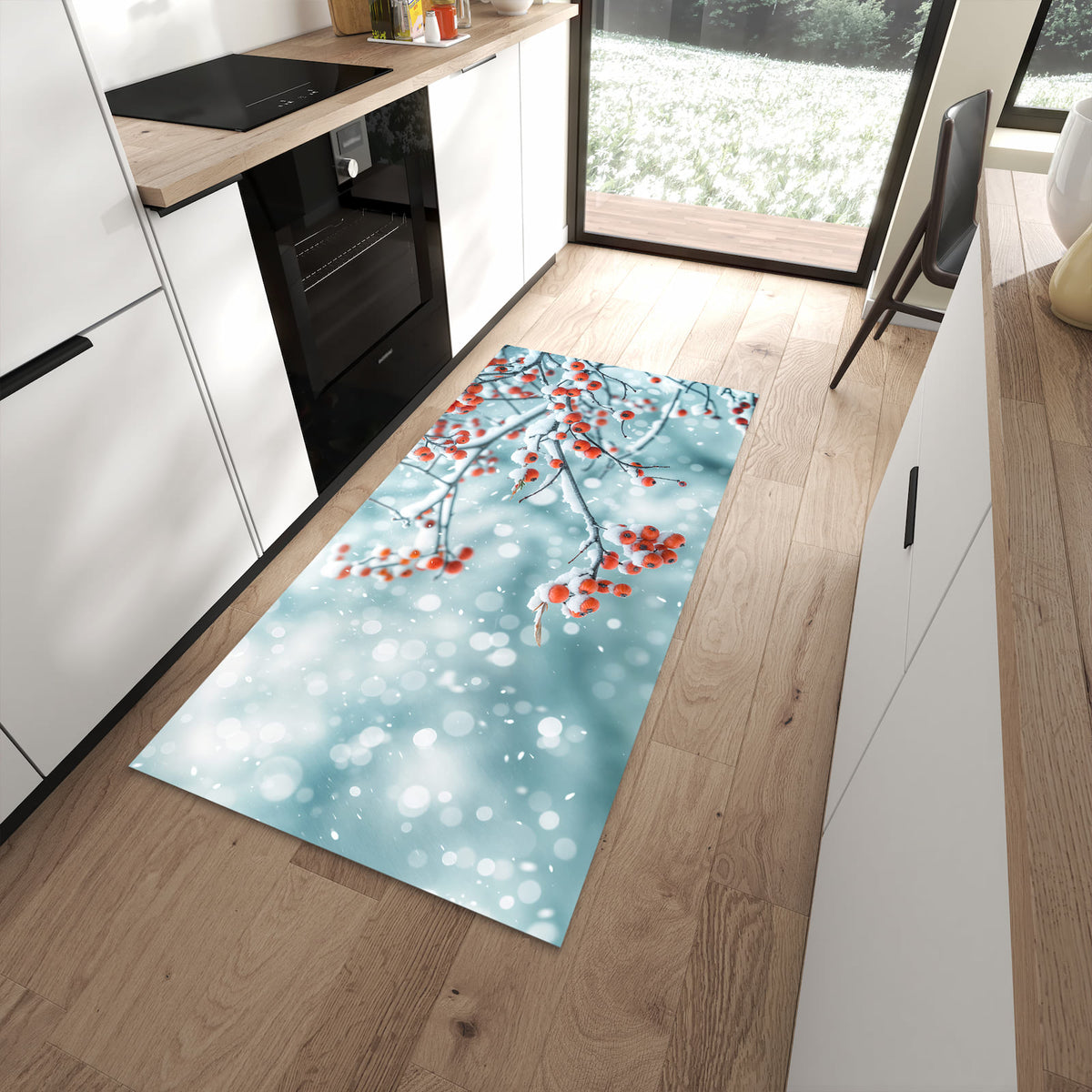 Komfortabler waschbarer Küchenteppich mit Motiv Beeren im Schnee in moderner Küche