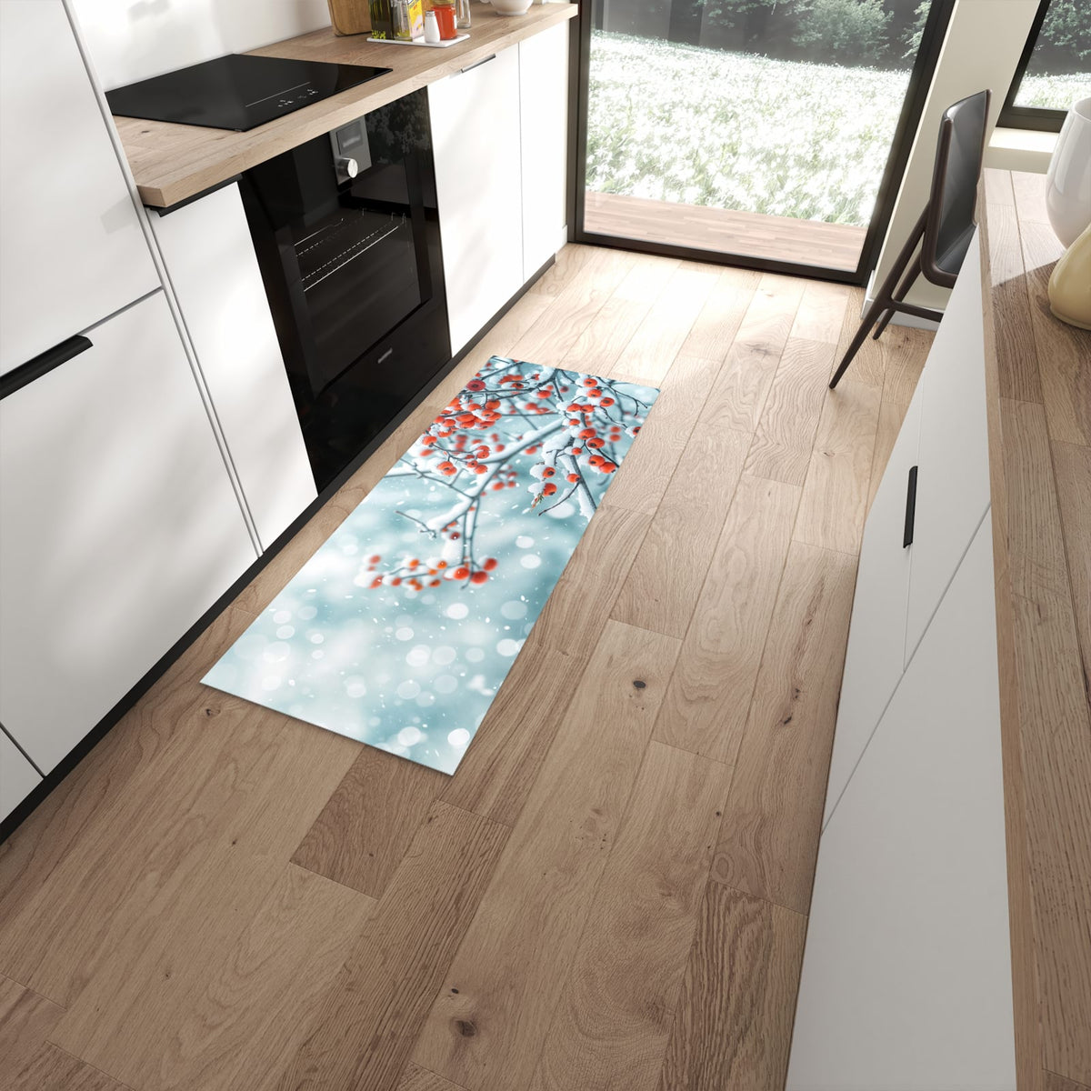 Abriebfester waschbarer Teppich fürs Esszimmer mit Motiv Beeren im Schnee in moderner Küche #grösse_60 x 150 cm