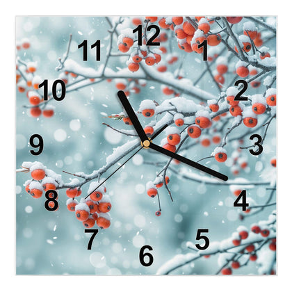 Wanduhr Quadratisch mit dem Motiv Beeren im Schnee