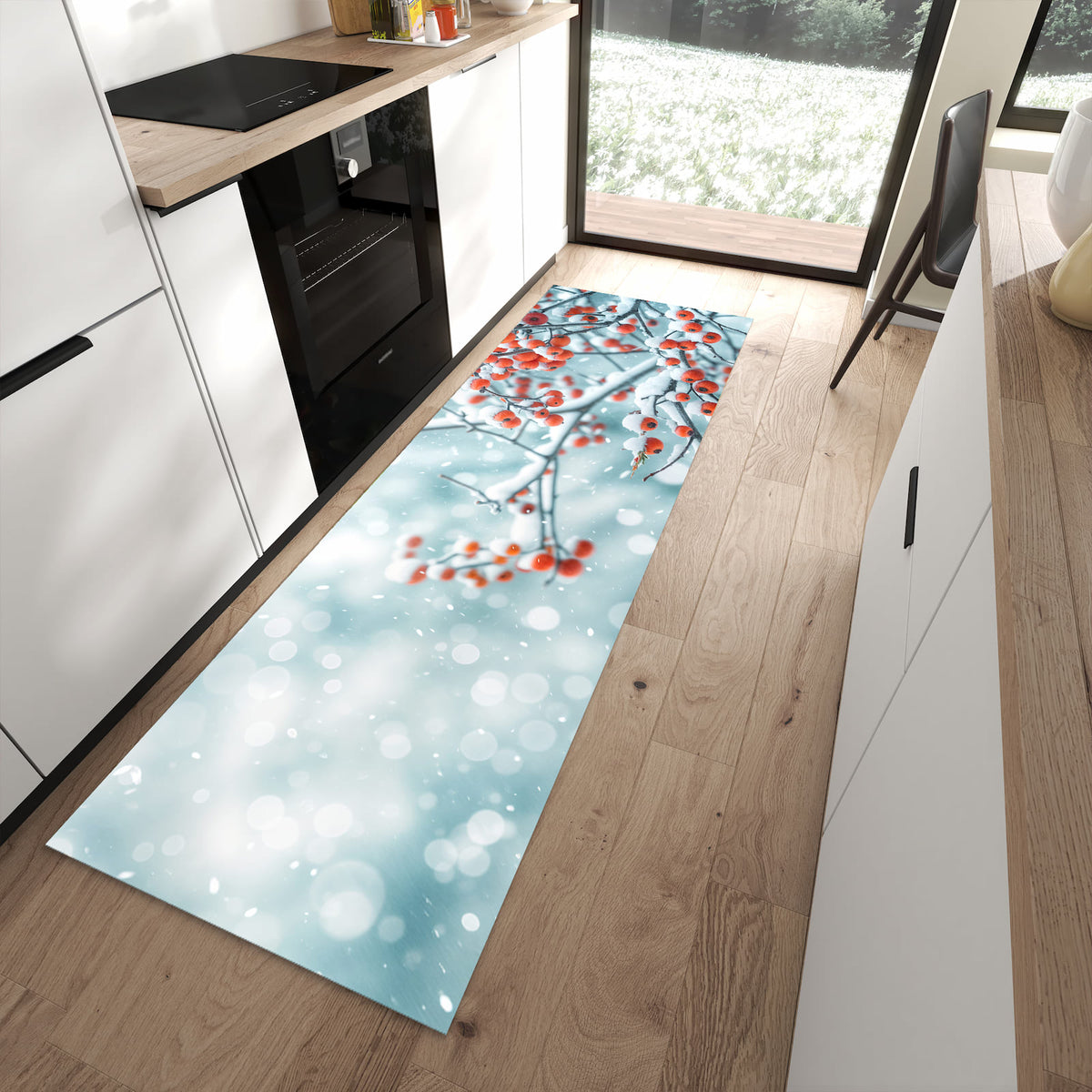 Langlebiger Küchenteppich mit Motiv Beeren im Schnee in moderner Küche