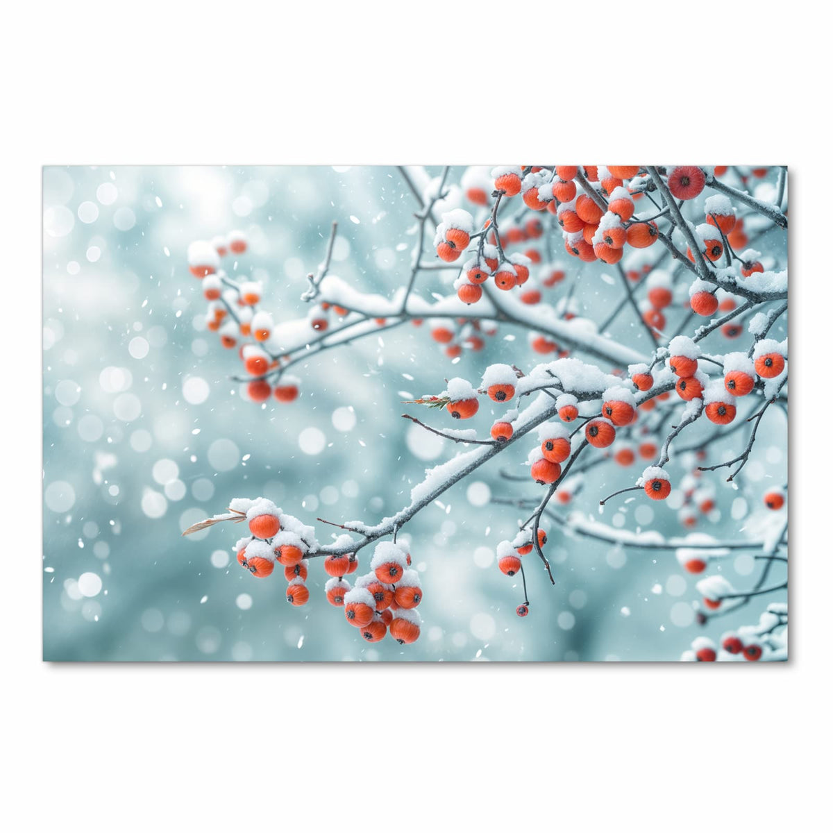 Waschbarer Küchenteppich mit Motiv Beeren im Schnee in Frontansicht für einfache Reinigung