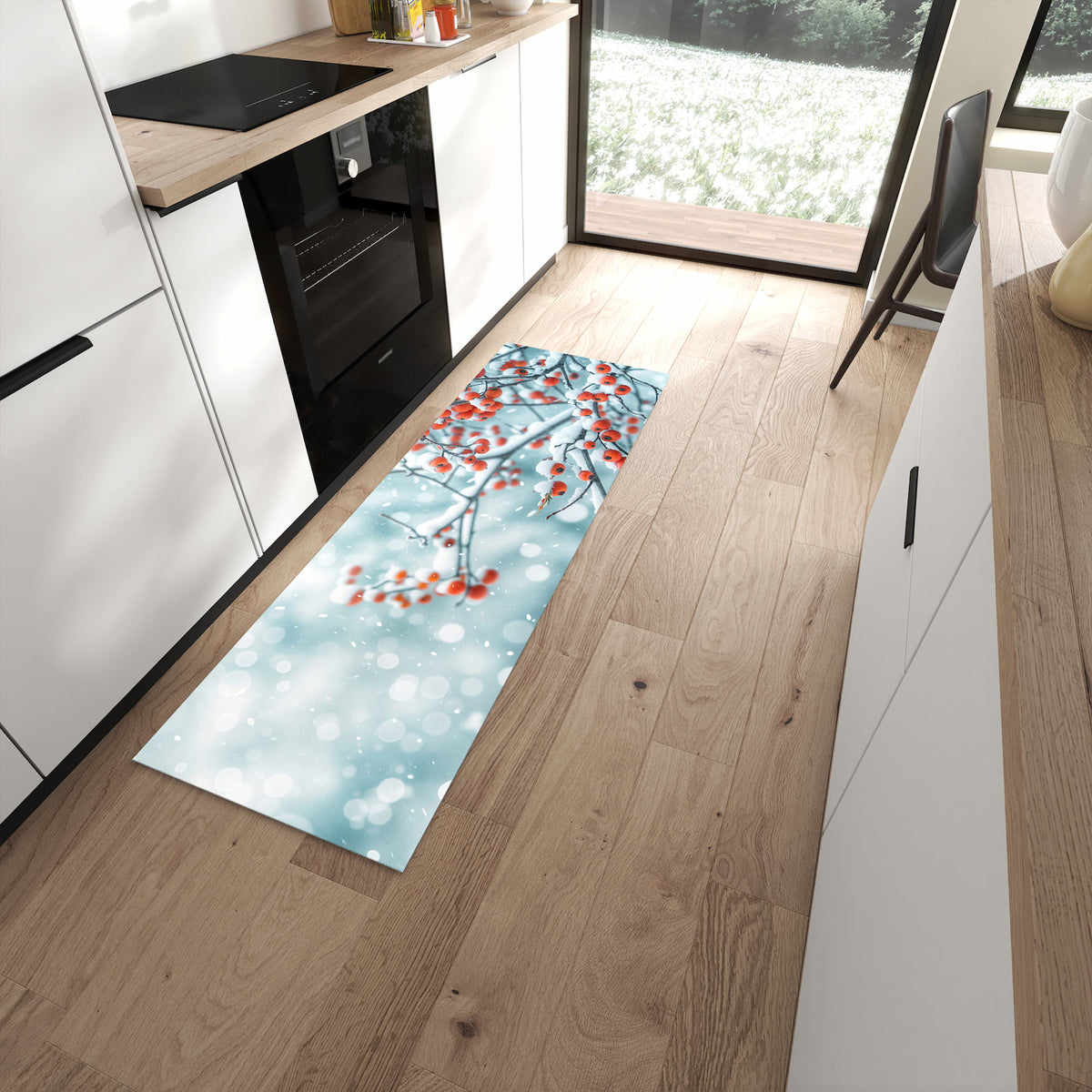 UV-beständiger waschbarer Teppich für Esstisch mit Motiv Beeren im Schnee in moderner Küche