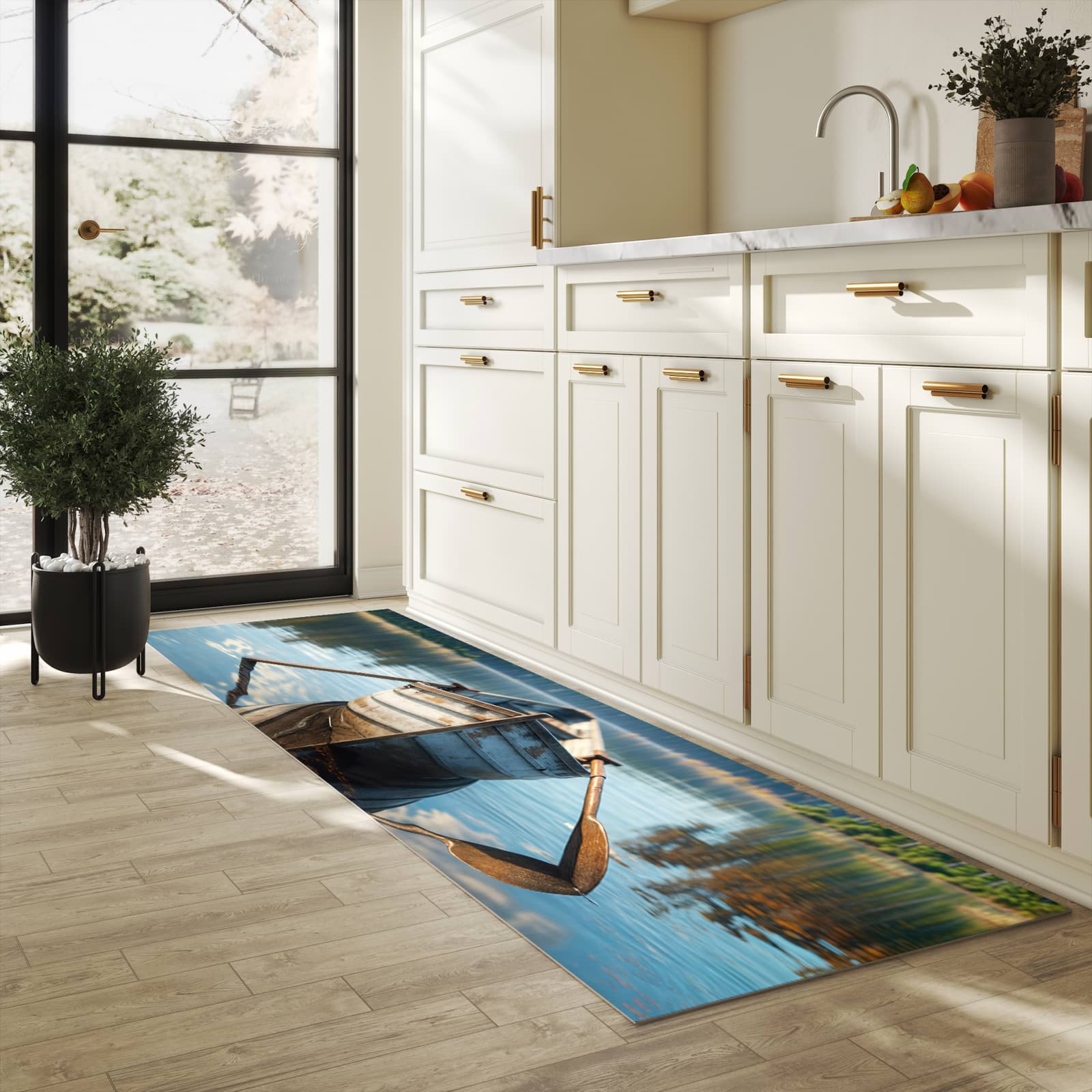 Bodenschonender waschbarer Küchenteppich mit Motiv Boot auf See in heller Küche
