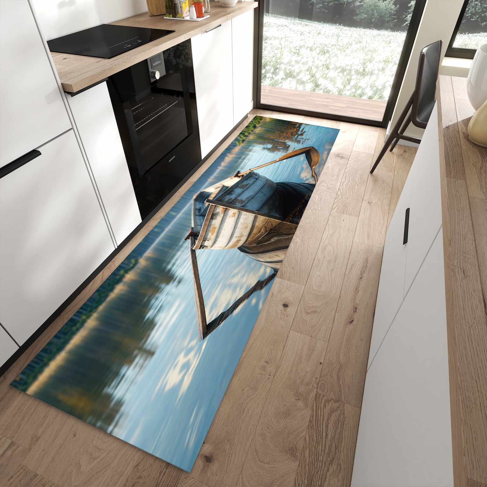 Farbbeständiger Läufer für den Eingangsbereich mit Motiv Boot auf See in moderner Küche