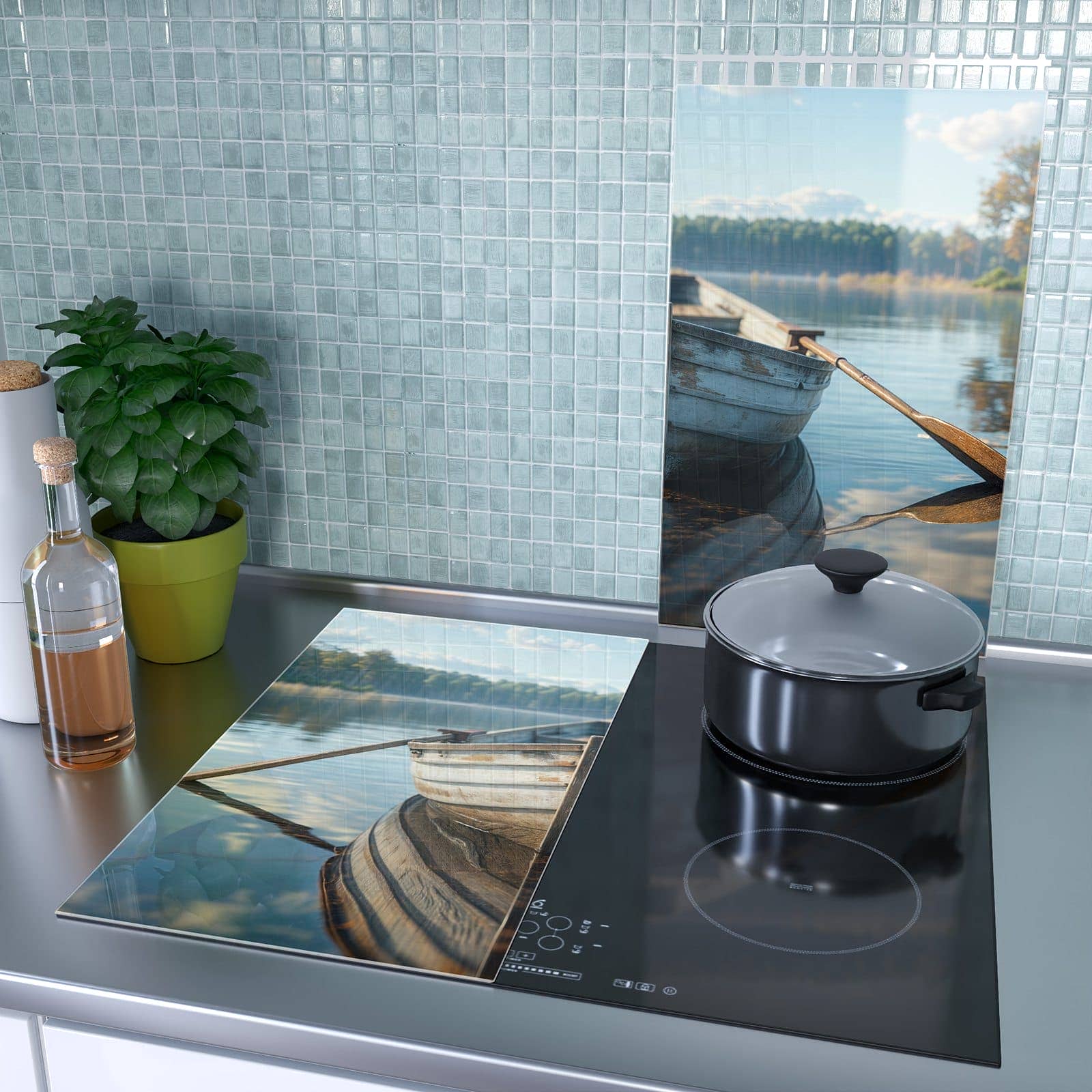 2-teilige Herdabdeckplatte aus Glas mit Boot auf See-Motiv als Spritzschutz hinter dem Kochfeld
