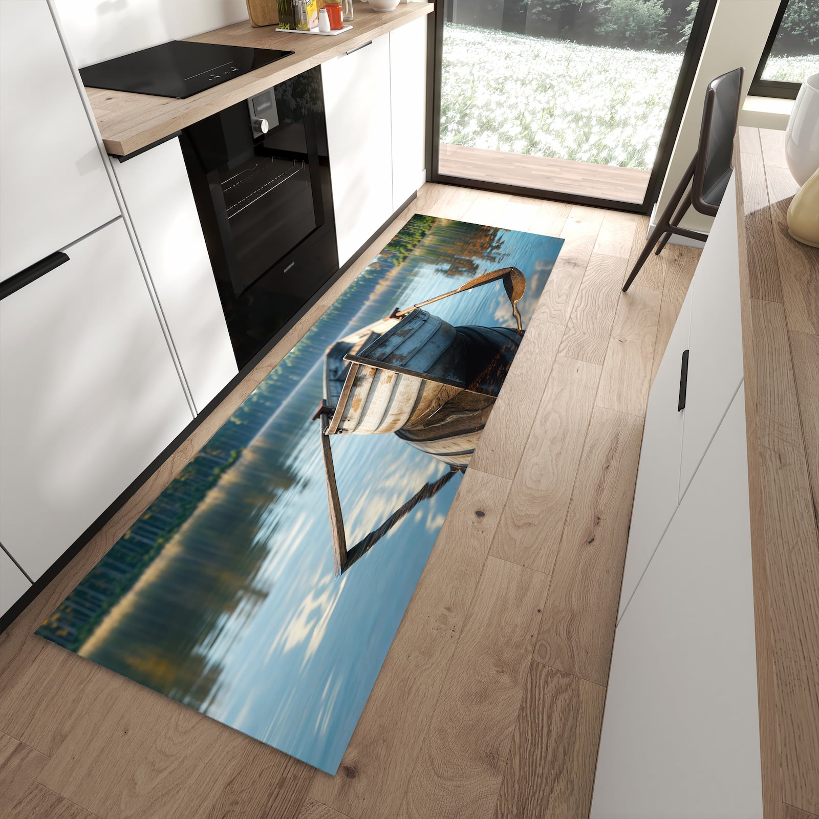 Bodenschonender langer Teppich mit Motiv Boot auf See in moderner Küche