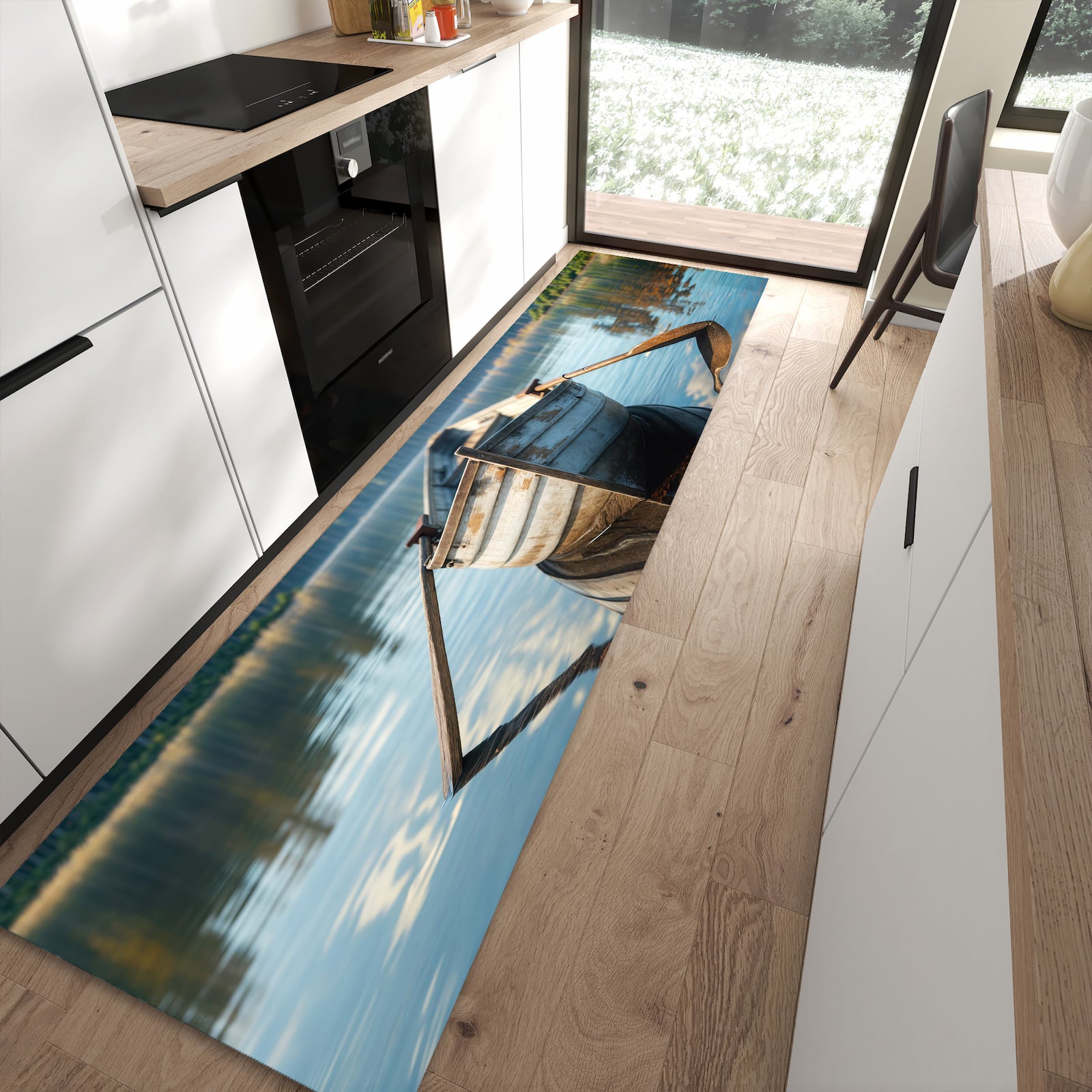 Formstabiler Läufer mit Motiv Boot auf See in moderner Küche für rutschfesten Stand