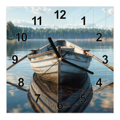 Wanduhr Quadratisch mit dem Motiv Ruderboot am Waldsee