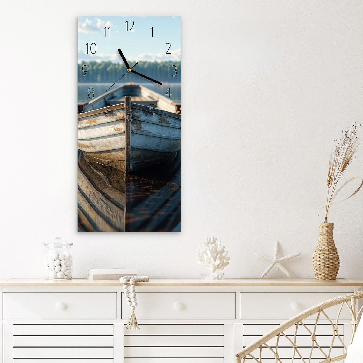 Wanduhr Boot auf See aus Glas – Altes Ruderboot auf stillem See