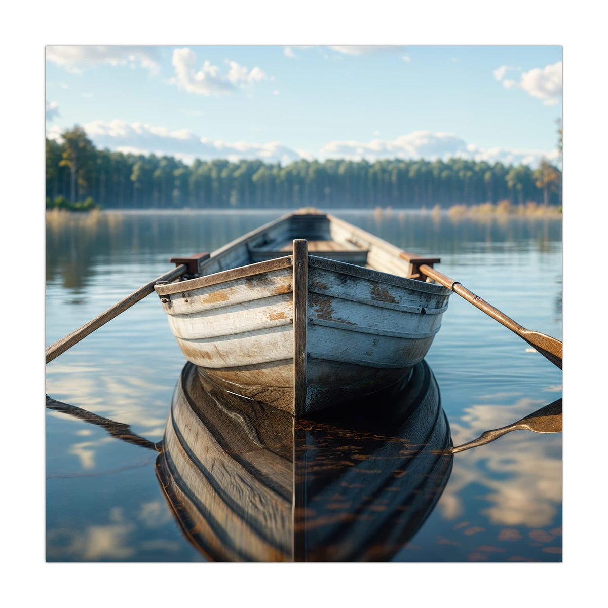 Küchenrückwand aus Glas Ruderboot am Waldsee im quadratischen Format, Motiv bildfüllend von vorn