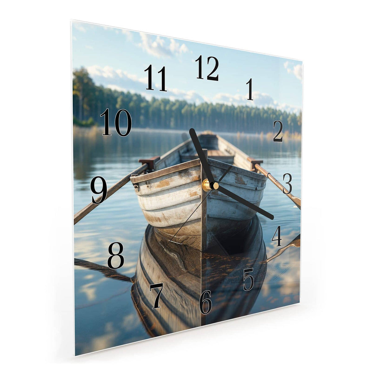 Quadratische Wanduhr aus Glas Ruderboot am Waldsee schräg von der Seite, 4 mm starkes Glas