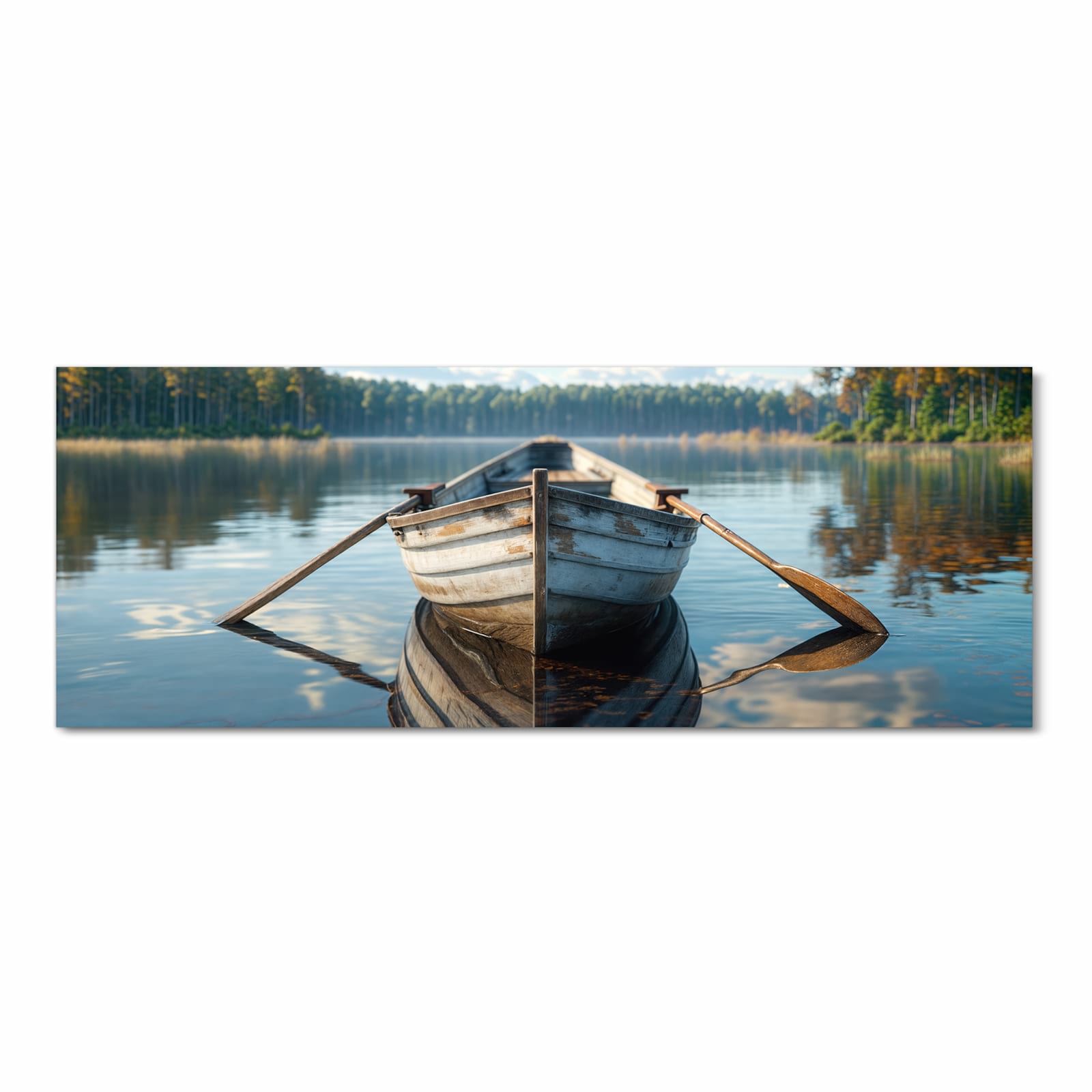 Formstabiler Küchenteppich mit Motiv Boot auf See in Frontansicht