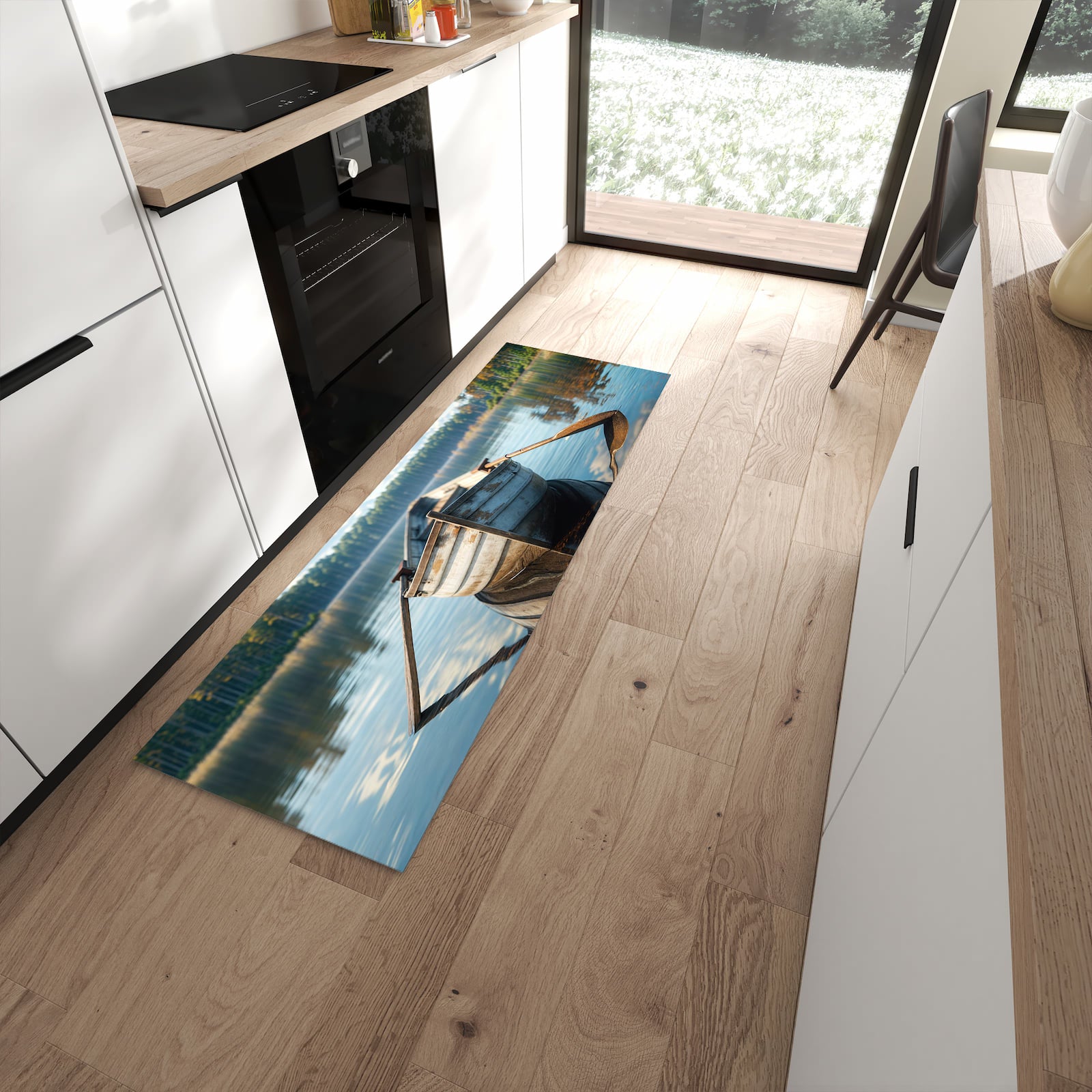 Waschbarer Küchenteppich mit Motiv Boot auf See in moderner Küche
