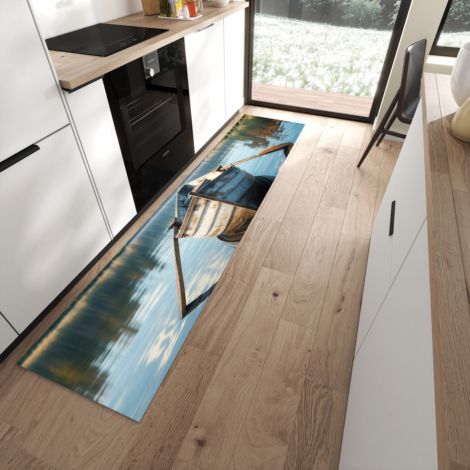 Rutschfester Küchenläufer mit Motiv Boot auf See in moderner Küche