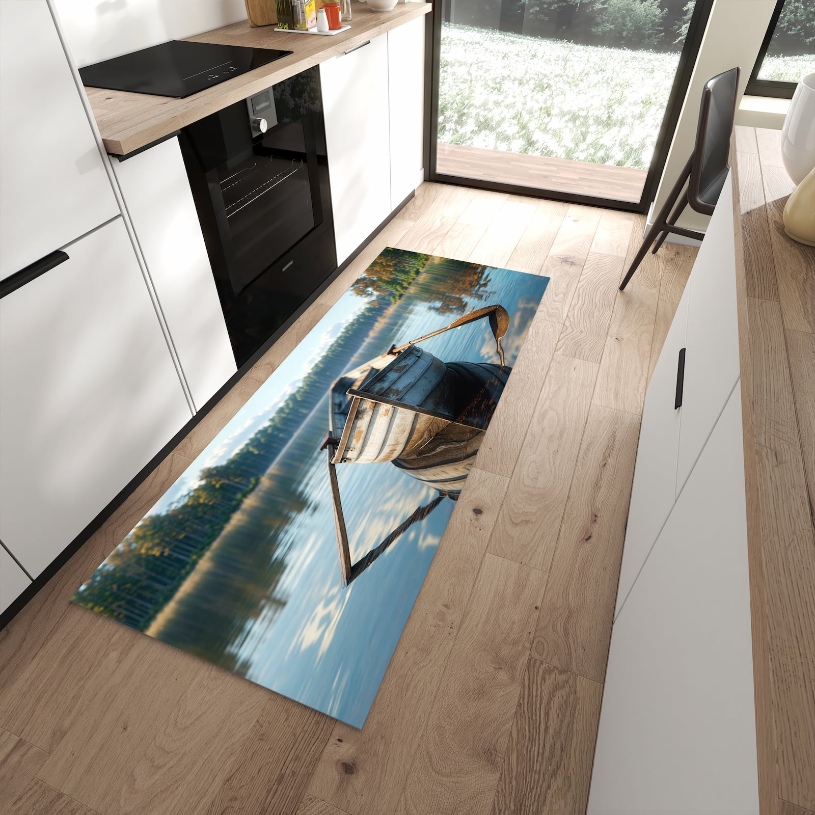 Waschbarer Küchenläufer mit Motiv Boot auf See für Ordnung in moderner Küche