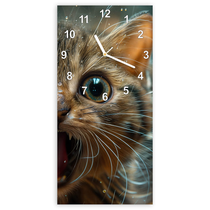 Wanduhr Nasse Katze aus Glas – Hochformat 30 × 60 cm mit Ziffernblatt Modern