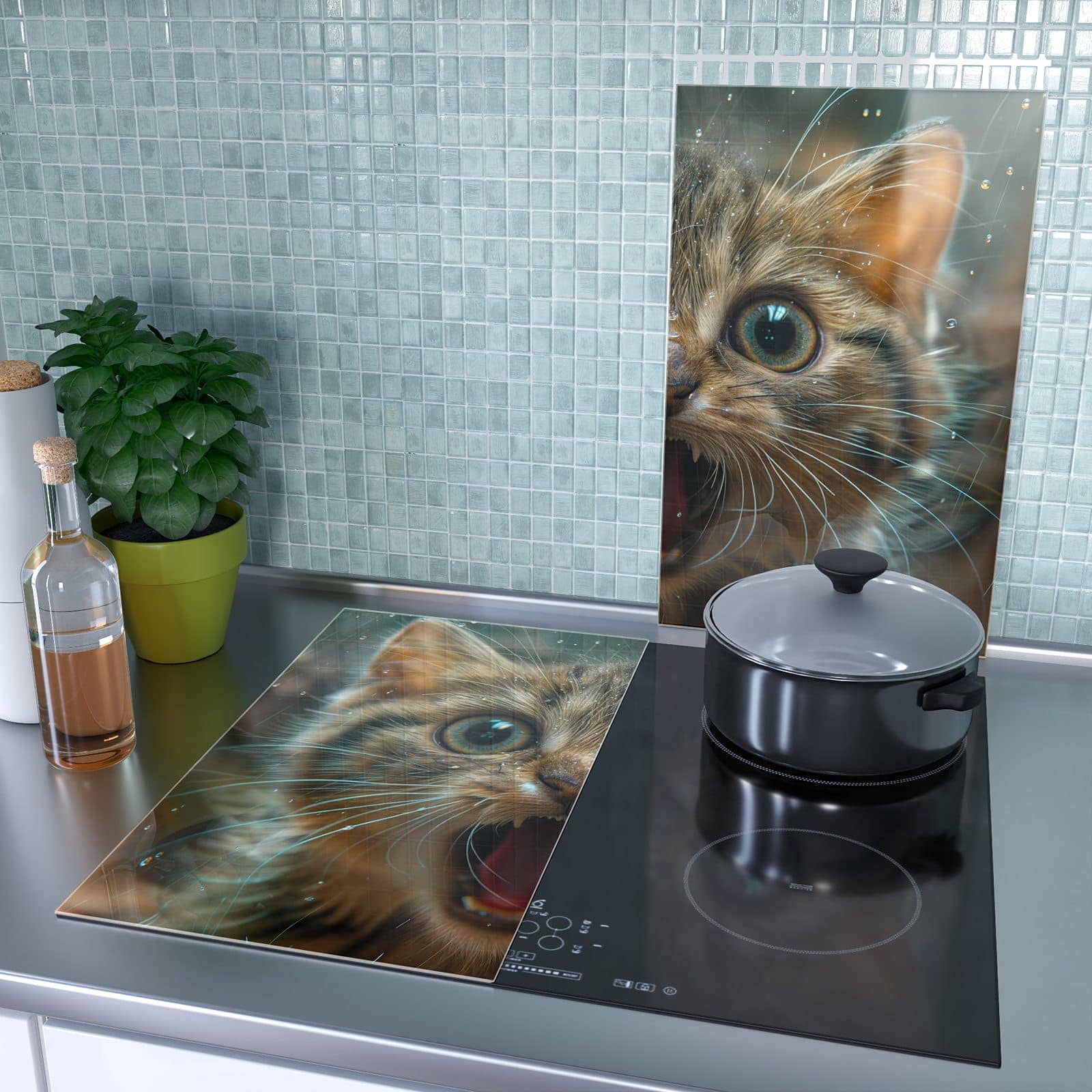 2-teilige Herdabdeckplatte mit Nasse Katze-Motiv als Spritzschutz hinter dem Kochfeld