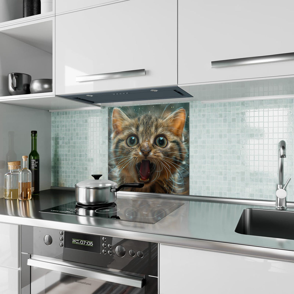 Küchenrückwand aus Glas Miauendes Kätzchen im quadratischen Format als Spritzschutz hinter dem Kochfeld, über dem Fliesenspiegel montiert