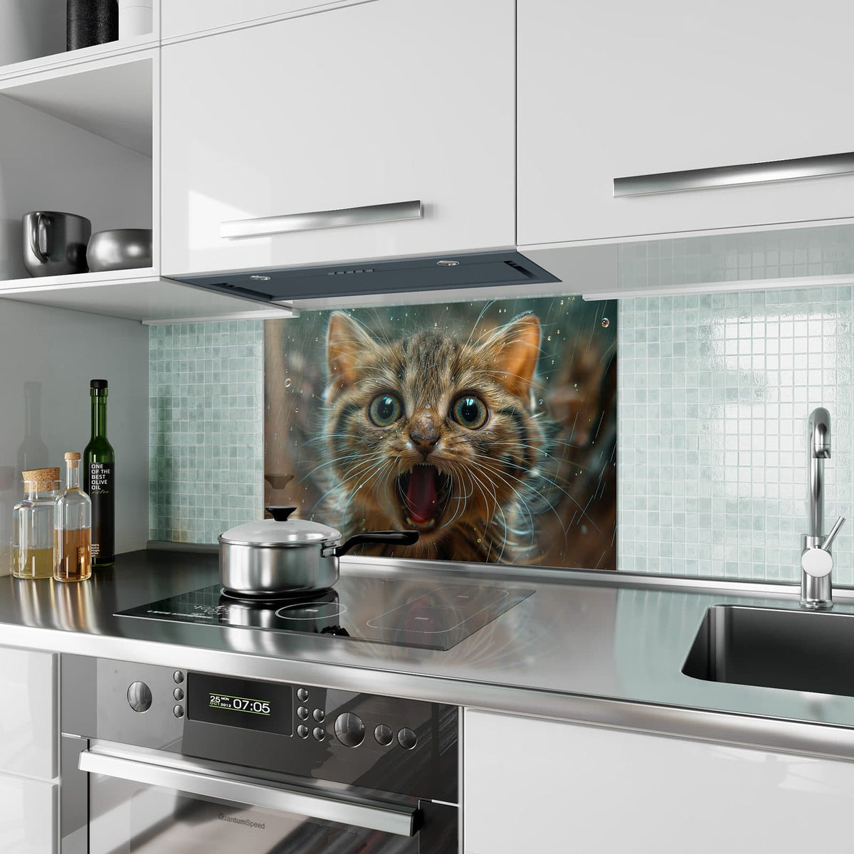 Küchenrückwand aus Glas Miauendes Kätzchen im Hochformat als Spritzschutz hinter dem Kochfeld, über dem Fliesenspiegel montiert