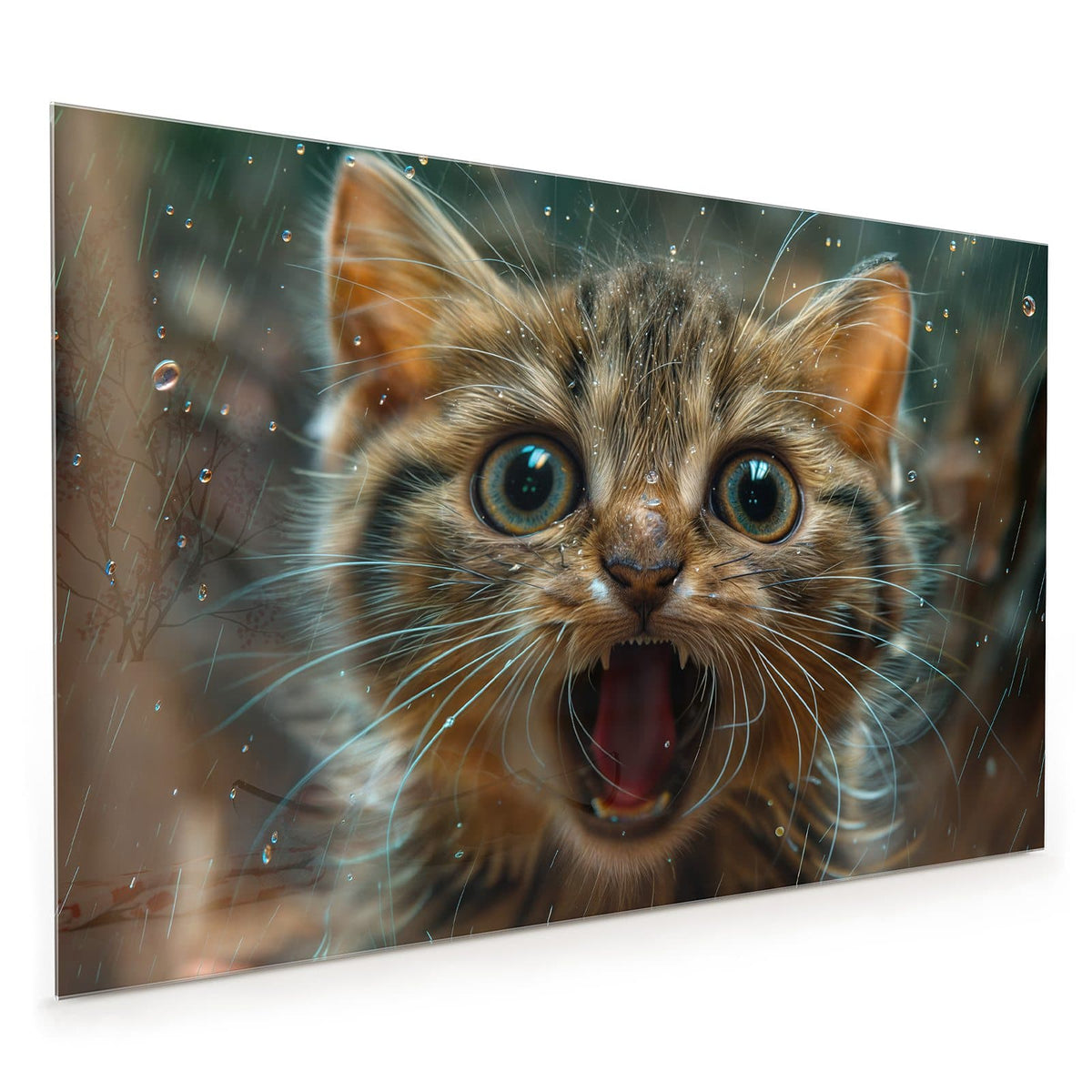 Küchenrückwand aus Glas im Hochformat mit Motiv Miauendes Kätzchen: Getigertes Kätzchen frontal mit weit aufgerissenen Augen und weit geöffnetem Maul