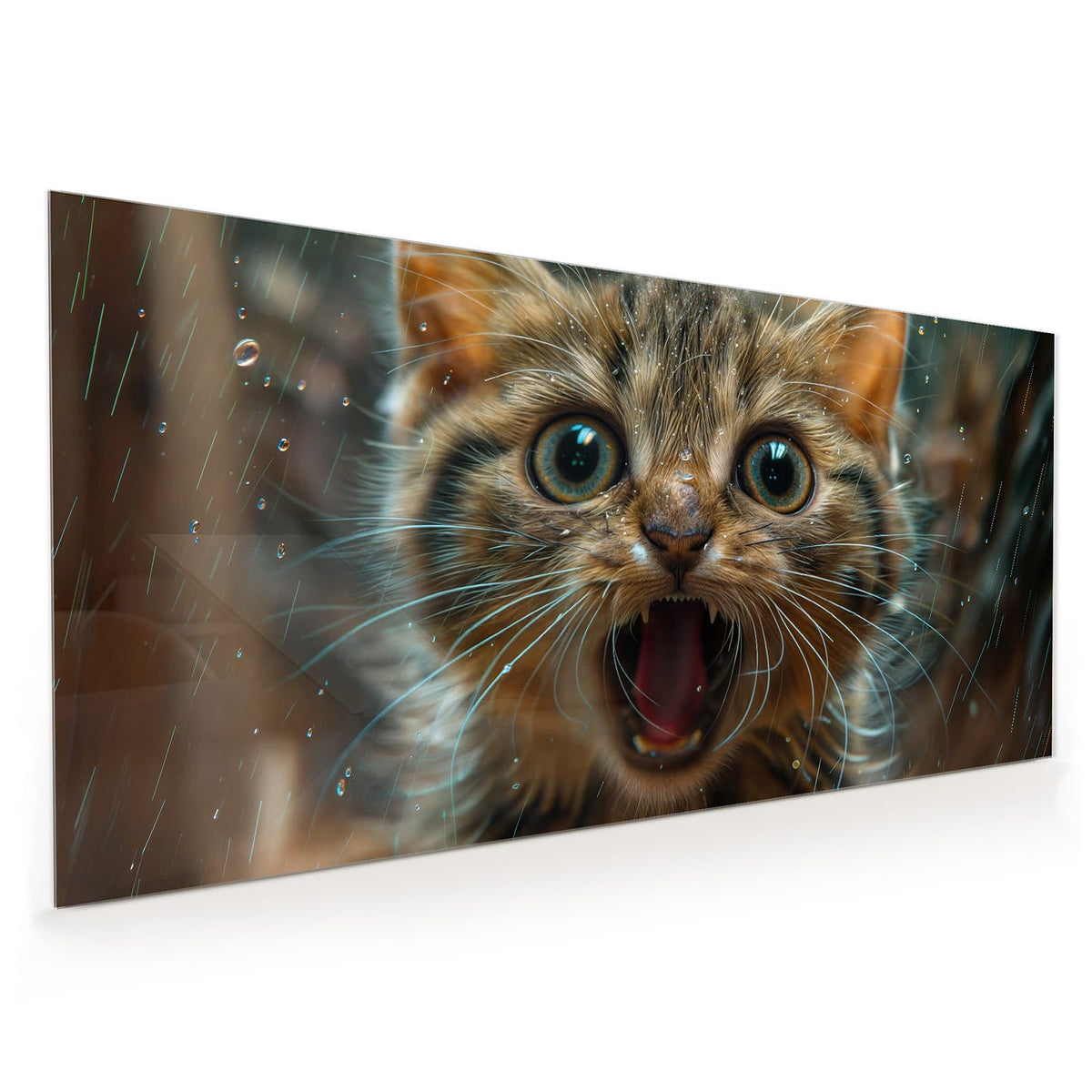 Küchenrückwand aus Glas im Hochformat mit Motiv Miauendes Kätzchen: Getigertes Kätzchen frontal mit weit aufgerissenen Augen und weit geöffnetem Maul