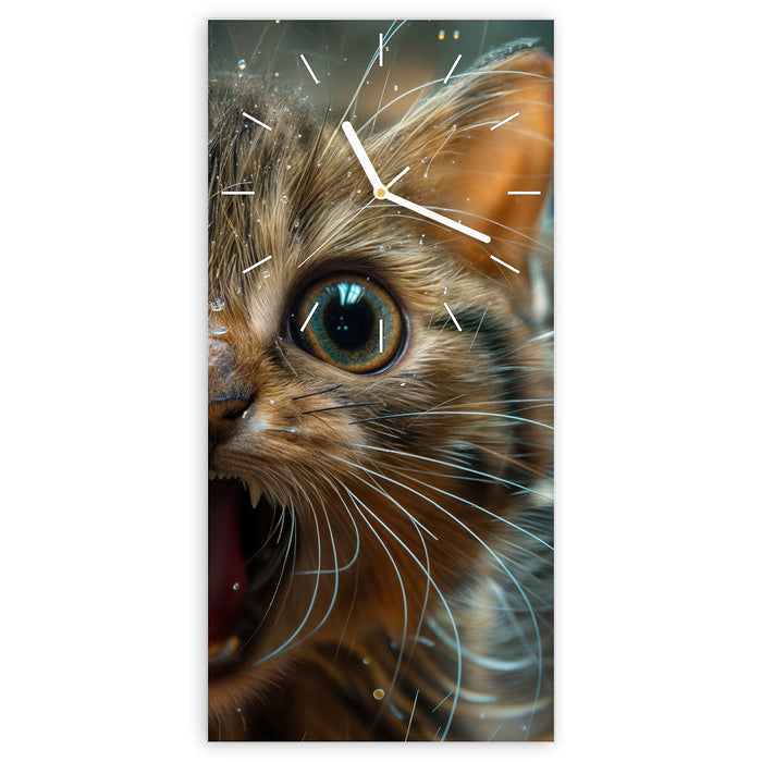 Wanduhr Nasse Katze aus Glas – Hochformat 30 × 60 cm mit Ziffernblatt Linie