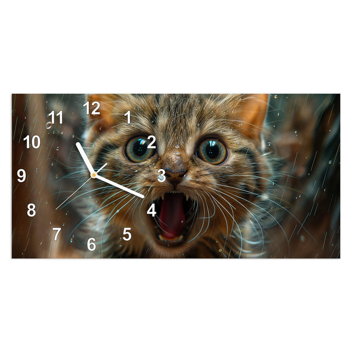 Wanduhr Nasse Katze aus Glas – Querformat 60 × 30 cm mit Ziffernblatt Modern