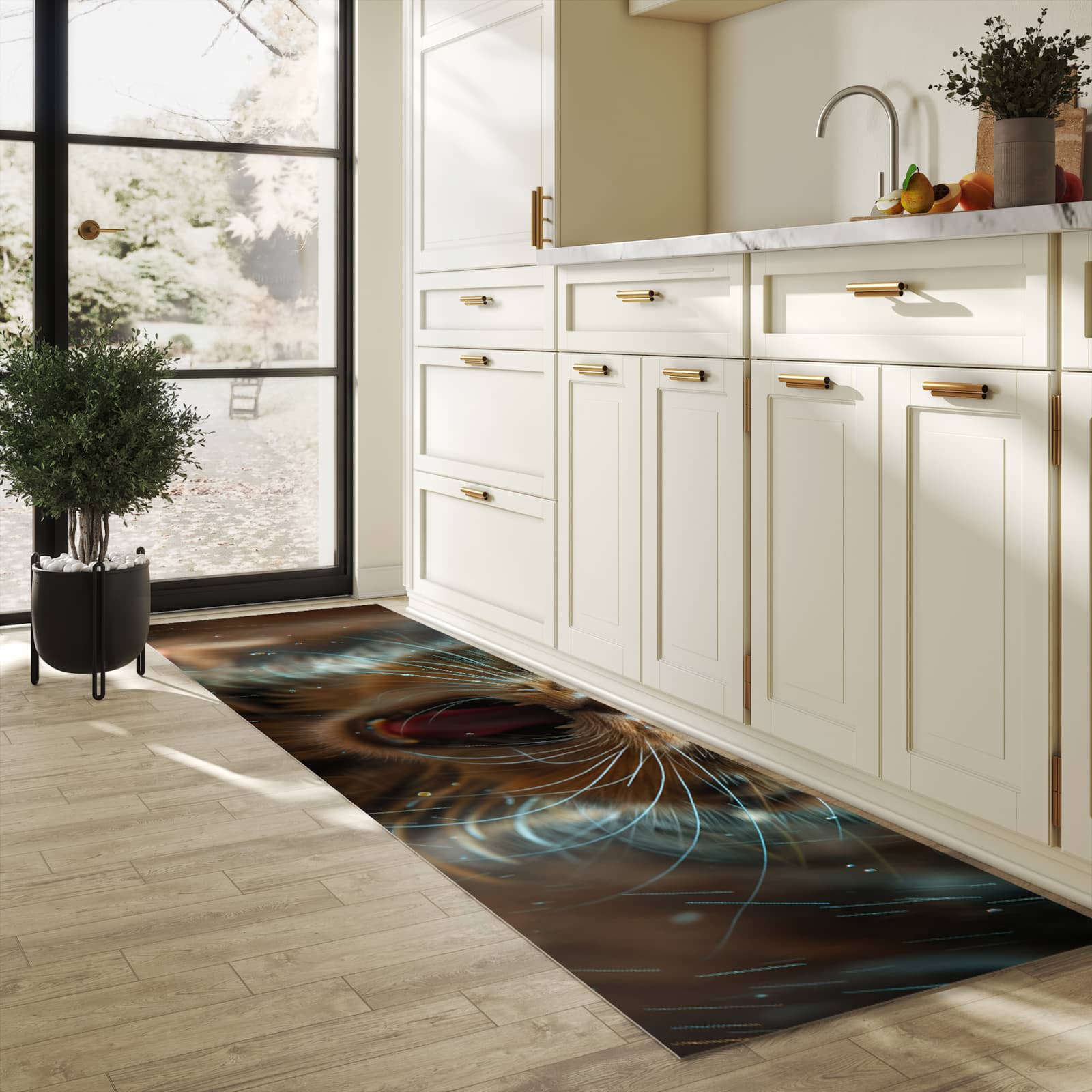 Waschbarer Küchenteppich mit Motiv Nasse Katze für Trittkomfort in heller Küche