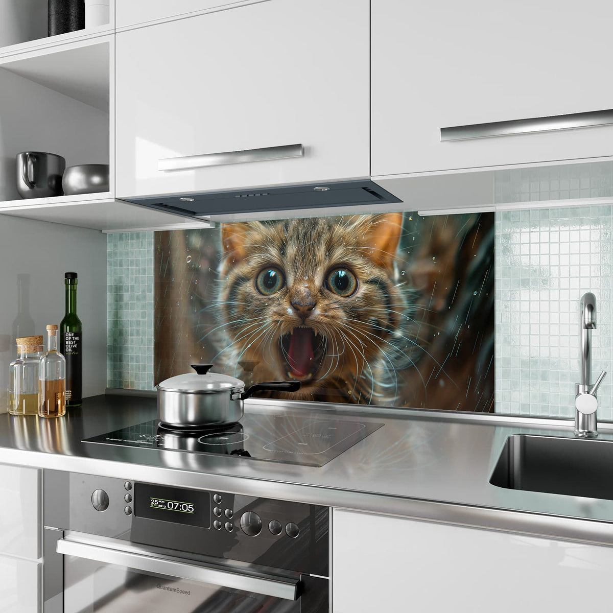 Küchenrückwand aus Glas Miauendes Kätzchen im Hochformat als Spritzschutz hinter dem Kochfeld, über dem Fliesenspiegel montiert