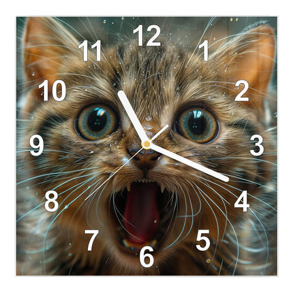 Wanduhr Quadratisch mit dem Motiv Miauendes Kätzchen