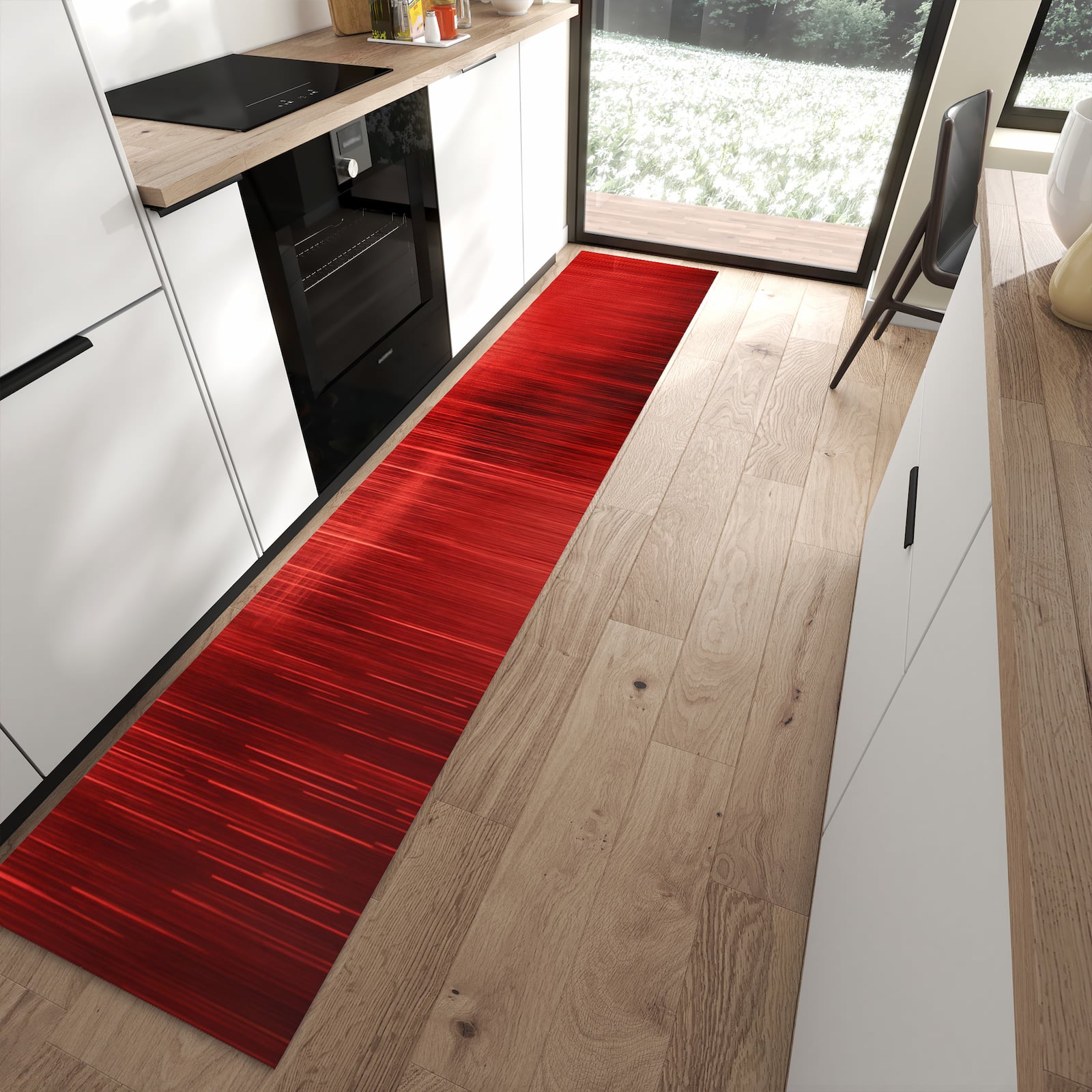 Geruchsneutraler Küchenteppich mit Motiv Rote Textur in moderner Küche