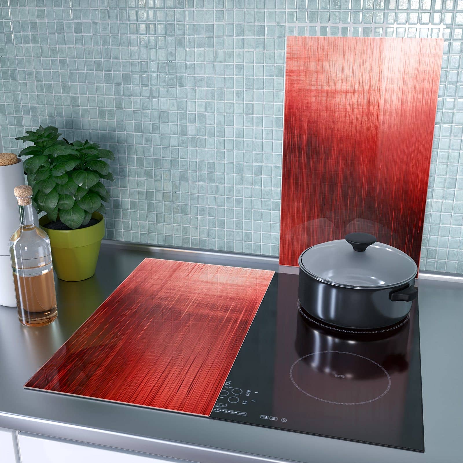 2-teilige Herdabdeckplatte mit Rote Textur-Motiv als Spritzschutz hinter dem Kochfeld